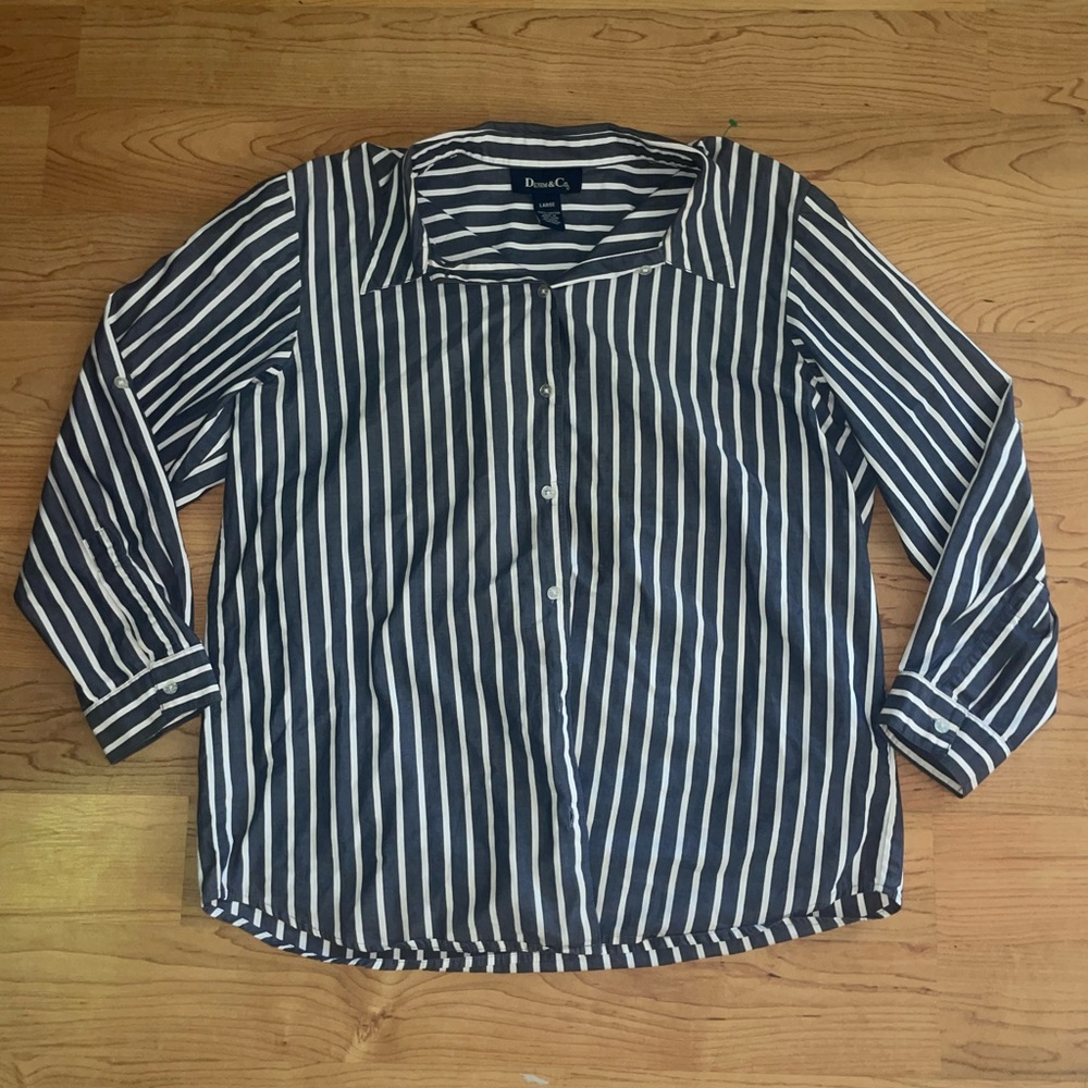 Denim&Co Navy and White Striped Button Down Shirt